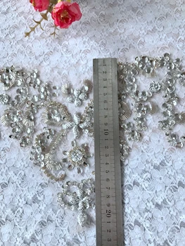 Rankų darbo sidabro siūti cirkonio kristalų aplikacijos, apdailos pleistrai 29*21cm už suknelė 