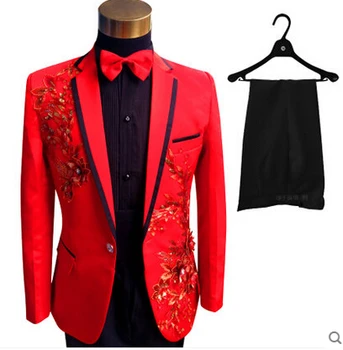 (striukė+kelnės)vyrų kostiumas jaunikis vestuvių prom šalies paillette raudona juoda balta priemonė, slim kostiumai sportiniai švarkai (bleizeriai) gėlių oficialus
