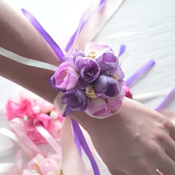Korėjos Elegantiškas Riešo Gėlių, Rožių Šilko Juostelės Corsage Vertus dekoro Perlų Apyrankė Apyrankės Bridesmaid Juostos Įrašą Vestuvių Puokštė