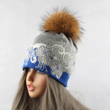 Mink Meškėnas Kailių Pompom Kamuolys Kepuraitė Skrybėlės Moterims Rusijos Kailio Kepurė Mezgimo Nėrimo Gėlių Skrybėlę Su Deimantu