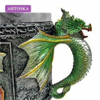 AHTOSKA 3D Dvigubos Sienelės, Nerūdijančio Plieno Drakonas Puodelis Kavos Ir Arbatos Butelis Kaukolė Tankard Dragon Geriamojo Taurės Helovinas
