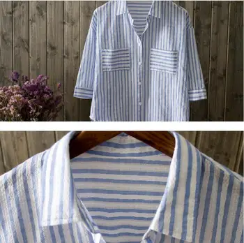 Juostele palaidinė Mados blusas medvilnės pusė rankovėmis marškinėliai mažas-didelis dvivietis pocket marškinėlius moterų siuvinėjimo dot žakardo palaidinukės