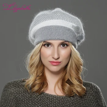 LILIYABAIHE NAUJAS žiemos Moterys beretė megzti skrybėlę angoros vilna beretė kratinys stilingas audinių puošyba bžūp Dvigubą šiltą kepurę
