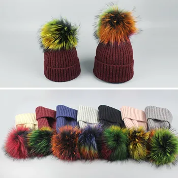 Moterų žiemos skrybėlę vilnos megzti beanies bžūp realus fizinis Meškėnas fox fur pompom skrybėlės vientisų spalvų gorros bžūp moterų priežastinis skrybėlę