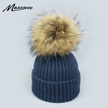 Moterų žiemos skrybėlę vilnos megzti beanies bžūp realus fizinis Meškėnas fox fur pompom skrybėlės vientisų spalvų gorros bžūp moterų priežastinis skrybėlę