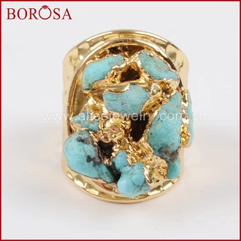 BOROSA Druzy Aukso Spalvos Grubus Natūralios Blue Stone Žetonų Žiedas, Mados Gamtinių Brangakmenių Akmens Drusy Žiedai, Šaliai, Papuošalai G1433