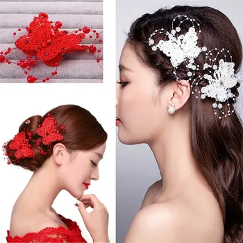 Gana Moterys Vestuvių Nuotakos Bridesmaid Raudona Balta Crystal Pearl Drugelis Hairwear Plaukų Pin Įrašą Tiara