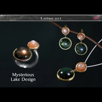 Lotus Įdomus Nekilnojamojo 925 Sterlingas Sidabro Natūralus Rankų darbo Fine Jewelry Paslaptingas ežeras Papuošalų Rinkinys su Žiedas, Auskarai Pakabukas Karoliai
