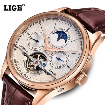 LIGE Prekės Vyrų laikrodžiai Automatinis mechaninis laikrodis tourbillon Sporto laikrodis, odiniai Laisvalaikio verslo laikrodis Aukso relojes hombre