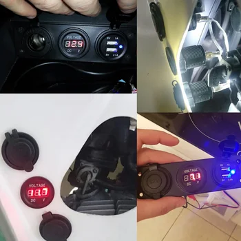 Automobilinis Įkroviklis Motociklo Plug Dual USB Adapteris+12V/24V Cigarečių Degiklio Lizdą Mėlyna LED +Digital Voltmeter Mobilusis Telefonas
