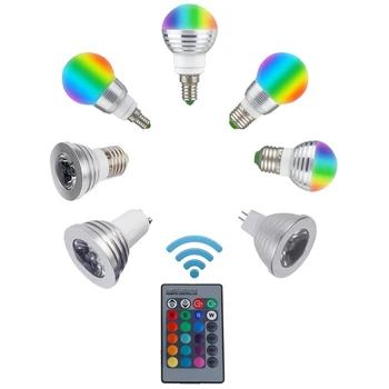 LED RGB Lemputės, Lempos, E27 E14 GU10 85-265V MR16 12V LED Permainingi Dėmesio 3W Magija Atostogų RGB apšvietimas +Nuotolinio Valdymo pultas 16 Spalvų