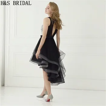 H&S BRIDAL Duobute Juoda Trumpą vakarinę Suknelę Hi Lo Vakare Gown Trumpas Priekiniai Ilgai Atgal Prom Dresses Arbatos-Vakaro Suknelės Ilgis