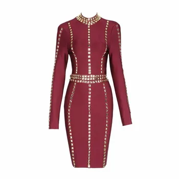 Didmeninės Nauja Suknelė Vyno raudona ilgomis rankovėmis Duobute High-end luxury Elastinga stora Kokteilis Tvarstis suknelė (L1670)