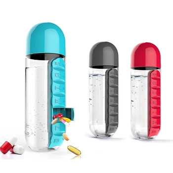 Nešiojamų Plastikinis Vandens Butelis su Built-in Kasdienė Tabletė ar Vitamino Lauke Organizatorius 600ML SH156