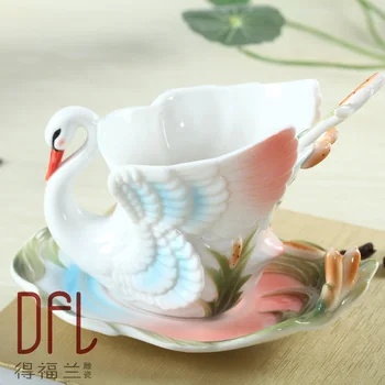3D Spalvos Emalio Kavos Puodelis Puodelis Nustatyti Porceliano Swan Arbata Pieno Copo Kinija Kaulų Kūrybos Drinkware Draugo Vestuvės