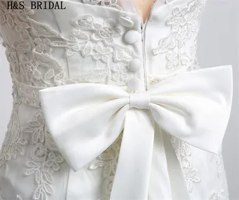 Vien Kaklo Nėrinių undinė vestuvių suknelės, Puošnios V Atgal pigūs vestuvių suknelė Su Laivapriekio Bžūp Rankovėmis Vestuvių Suknelė 2017