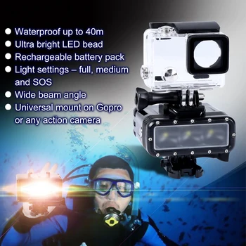 Gopro Vandeniui LED Vaizdo Šviesos 40M Povandeninio Nardymo, Nardymo, Baterija, Adapteris, tvirtinimas GoPro Hero Kamera 4/3+/3/2/1 Xiaomi SJ4000