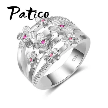PATICO 4 Dydžių 925 Sterlingas Sidabro Gėlių Formos Elegancija Rožinė CZ Vestuviniai Žiedai Moterims Tuščiaviduriai iš Piršto Žiedai Anillos