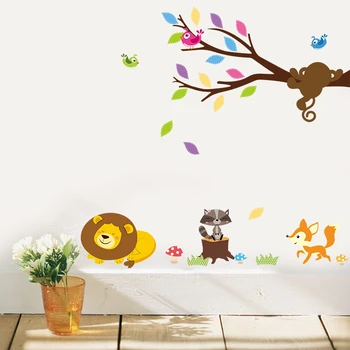 Miškų liūtas, beždžionė Meškėnas, paukščių, medžių siena lipdukas vaikams, kūdikių miegamasis dekoracijos 