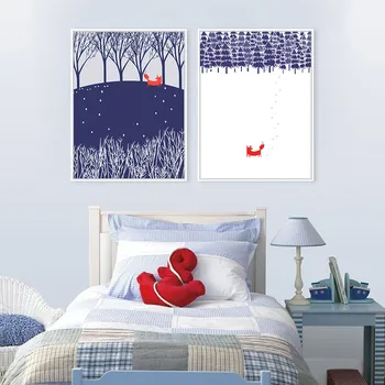 HAOCHU Šiaurės šalių Šiuolaikinės Paprasta Sienos Aktą Miško Gyvūnai Plakatas Širdies Mėlyna Sniego Red Fox Kambarį Namo Apdailos Drobė, tapyba