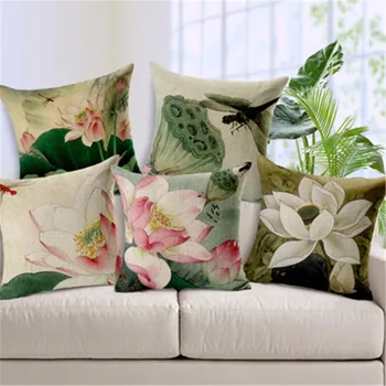 Vintage stiliaus Dekoratyvinės mesti pagalvės Lotoso gėlė, medvilnės, lino sėdynės retro pagalvėlė padengti sofa namų dekoro funda cojines 45cm