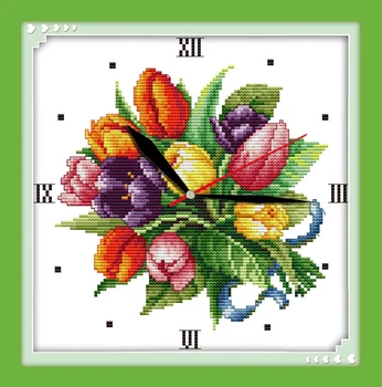 Tulpių laikrodis veido kryželiu rinkinys 14ct 11ct skaičius spausdinimo drobės sieninis laikrodis siūlių siuvinėjimui 