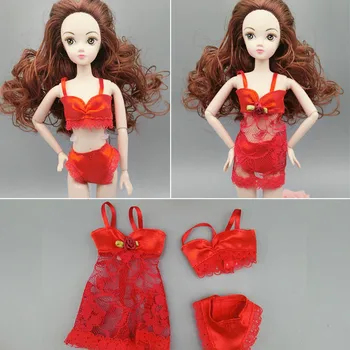 Sexy Raudona Mados Drabužius Barbie Lėlės, Naktiniai Marškiniai, Pižamos, Apatinis Trikotažas Naktiniai Drabužiai Nėrinių Naktį Suknelė + Liemenėlė + Apatiniai Drabužiai