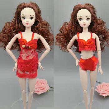 Sexy Raudona Mados Drabužius Barbie Lėlės, Naktiniai Marškiniai, Pižamos, Apatinis Trikotažas Naktiniai Drabužiai Nėrinių Naktį Suknelė + Liemenėlė + Apatiniai Drabužiai