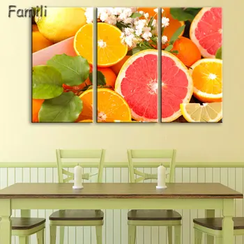 Drobės tapybos 3 skydelis Restoranas Vaisių, Apelsinų, vynuogių žaliųjų obuolių sienos meno Šiuolaikinės Modulinės nuotraukas virtuvės dekoro plakatas