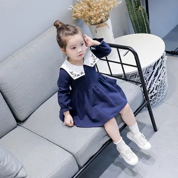 R&Z Kūdikių Mergaitės Ins Korėjos 2018 Naują Pavasario Mokyklos Stiliaus Ilgomis Rankovėmis, Siuvinėta Apykakle Princesė Medvilnės Suknelė Vaikams Drabužių
