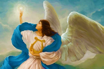 Namo apdaila debesys, šviesos Angelas sparnų arfa simbolis Šilko Audinys Plakato spauda JZK111