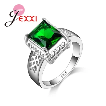 JEXXI Aukščiausios Kokybės, Prabangos Moterų Žalia Kubinių Zirconia Žiedas 925 Sterling Silver Square Sumažinti Kristalų Ponios Sužadėtuvių Žiedai