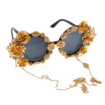 Naujas Mados Dizaino Baroko Prabanga-Retro, Rankų Darbo, Metalo Drugelis Gėlių Pearl Eyewears Moterų Vintage Stiliaus Kutas Grandinės Sunglass