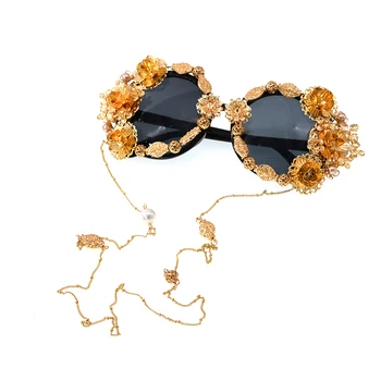 Naujas Mados Dizaino Baroko Prabanga-Retro, Rankų Darbo, Metalo Drugelis Gėlių Pearl Eyewears Moterų Vintage Stiliaus Kutas Grandinės Sunglass