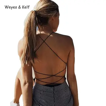 Weyes & Kelf Karštą Vasaros Medvilnės Moterų Sexy Bodysuit 2018 Sexy Juoda Tvarstis Bodysuit Moterys Juoda Backless Įstaigų Moterims
