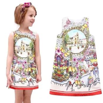 2016 metų Pavasarį&vasarą Europos ir Amerikos stiliaus rūmuose princesė mergaičių drabužių mados rankovių spausdinimo suknelė mergaitėms 3 spalvos