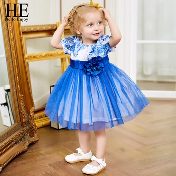 JIS Sveiki Mėgautis Mergina Suknelė Vestuvių Blue Print Gėlės Lankas Princesė Belle Suknelė Elegantiškas, Vaikams, Suknelės Mergaitėms Gimtadienio Suknelė Šalis