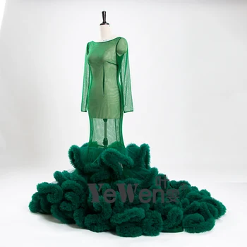 YeWen nekilnojamojo nuotrauka Sexy Matyti Per Scoop ilgomis Rankovėmis tiulio Žalia Vestuvių Suknelė Undinė Vestuvių Suknelės Vestido De Novia 2018