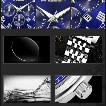 FNGEEN Kvarcinis Laikrodis Mados Vyrų Laikrodžiai Mėlynos Juostos iš Nerūdijančio Plieno Laikrodžio Imitacija Šešių Žymiklį Vyrų Kalendorius Riešo Žiūrėti