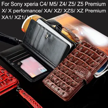 Byla Sony xperia C4 Z4 Z5 M5 XA XA1 XZ1 XZS XZ premium X veiklos Prabanga, Krokodilas, Gyvatės Odos Flip cover Piniginės Atvejais