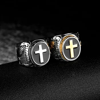 Nemokamas Pristatymas Kryžiaus Titano plieno punk derliaus kryžiaus stiliaus Juoda ir Aukso Spalvos vyriški žiedas