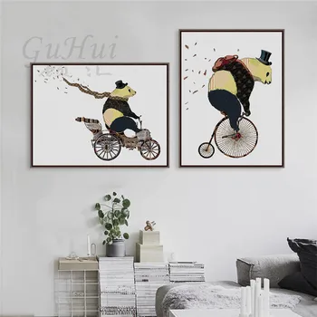 Šiaurės abstrakčiai žavinga panda dviračių sienos plakatas namų dekoro Vaiko kambario drobė paveikslų ant sienos gyvūnų nuotraukos