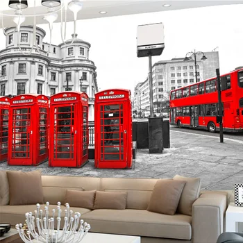 Foto Tapetai Black Ir White City Pastate, Raudona Autobusų Telefono Kiosko 3D Sienos Freskos Kavinė Gyvenamasis Kambarys Sofos Fone Sienos Freskomis