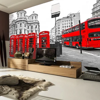 Foto Tapetai Black Ir White City Pastate, Raudona Autobusų Telefono Kiosko 3D Sienos Freskos Kavinė Gyvenamasis Kambarys Sofos Fone Sienos Freskomis