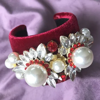 Naujas Europoje Senovinių Big Red Pearl Gėlių Kristalų Manžetai Plačiai Atverti Apyrankės Moterims Vestuvių Priedai