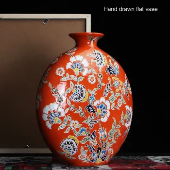 Kinijos Amerikietiško Stiliaus Oranžinė Raudona Pastelinių Ranka-dažytos Keramikos Plokščia Vaza Papuošalai Retro Europos Kambario Įėjimas, TV Spintelė