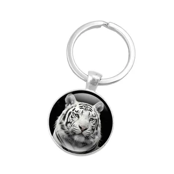 2016 Mados Sidabro Spalvos Key Chain White Tiger meninio Stiklo Kupolas Pakabukas Keychain Gyvūnų Papuošalai Raktų Žiedas Moterims, Dovanų paketų prižiūrėtojų raktinę