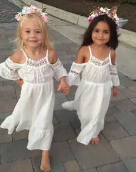 Gėlių Kūdikių Mergaičių Bamblys Vaikai Medvilnės Boho Princess Mini Suknelė Vaikus Ne Pečių, Trumpomis Rankovėmis Šalis Vestuvių Inscenizacija Nėrinių Suknelės