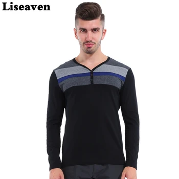 Liseaven Vyrai Prekės Long Sleeve T Shirt V-Kaklo Visą Rankovės Dryžuota Spausdinti Black T-Shirt Fitneso Medvilnė Tee Vyrams Viršūnės