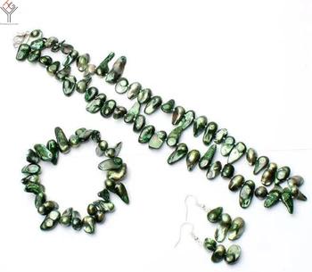 Moterų Papuošalai Nustatyti 8-15mm Tamsiai Žalia Baroko Perlas karoliai, apyrankės tabaluoti kablys auskarai Natūralių Gėlavandenių perlų